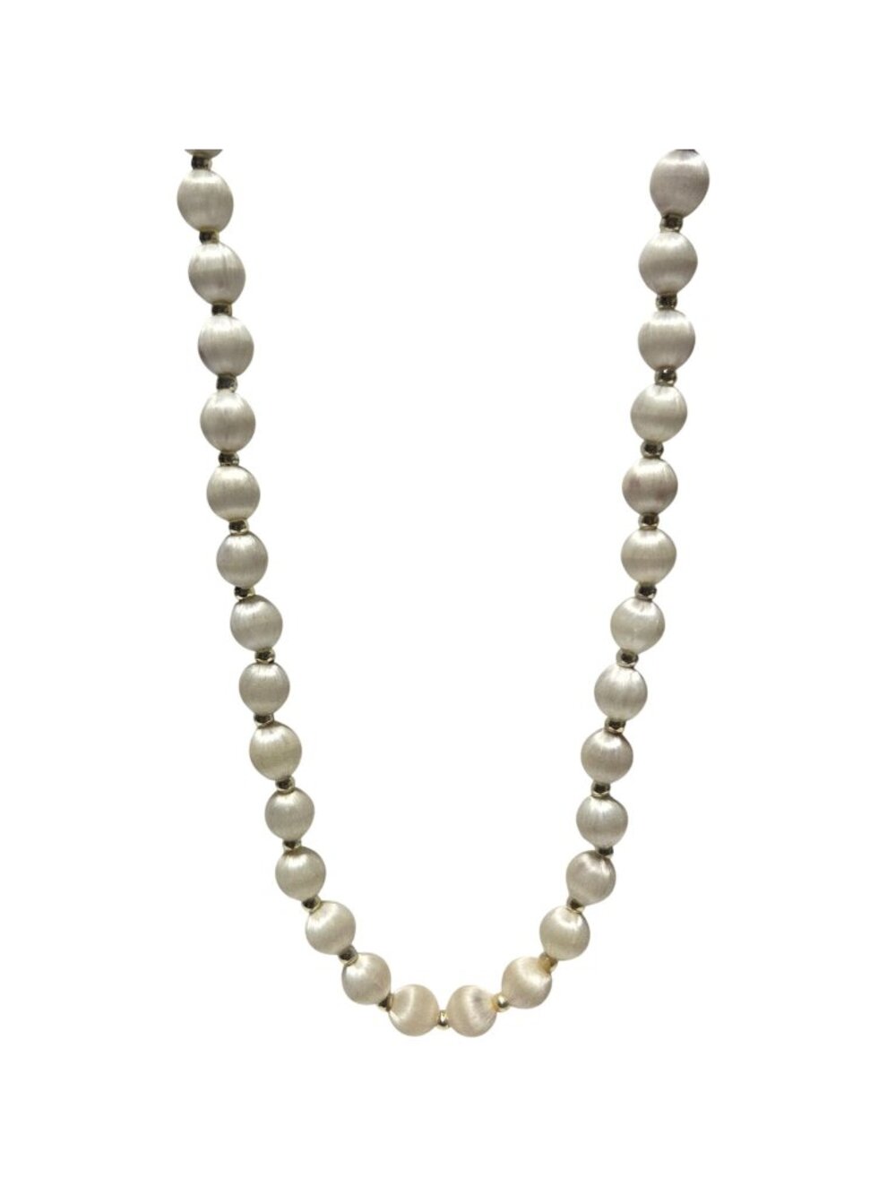 Vintage White Satin Beaded Necklace Gold Tone Spacers Retro 50s Fashion Jewelry